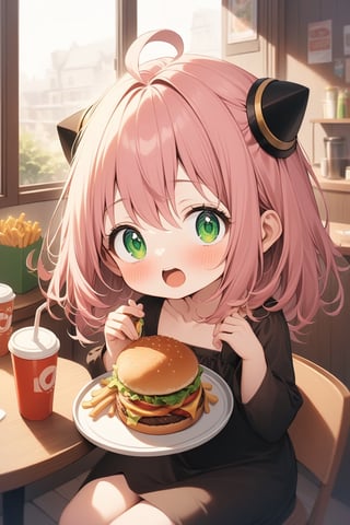 score_9, score_8_up, score_7_up, score_6_up, rating_explicit, masterpiece, best quality, beautiful lighting, 
BREAK
spy x family, anya forger, 1girl, solo,  pink hair, bangs, ahoge, green eyes, hair between eyes, cute, tiny, child, hairpods, dress, black dress, 
indoor, sitting, cup, disposable cup, drinking straw, burger, french fries, food, tray, looking at viewer, joyful, blush, open mouth, 