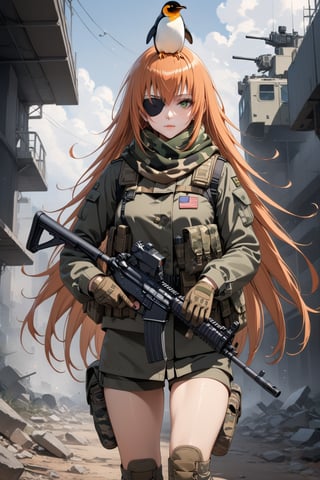 score_9, score_8_up, score_7_up, score_6_up, source_anime, masterpiece, best quality, ultra-detailed, highres, absurdres, 
1girl, solo, cz2128_delta \(overlord\), long hair, green eyes, orange hair, eyepatch, 
military uniform, double breasted jacket, scarf, camouflage, combat gloves, combat boots, camo plate carrier rig, (magazine pouches), (kneepads), 
military base, outdorrs, 
holding assault rifle, penguin on the head, 