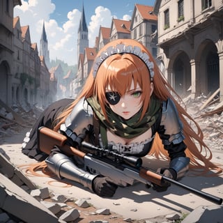 score_9, score_8_up, score_7_up, score_6_up, source_anime, masterpiece, best quality, ultra-detailed, highres, absurdres, Expressiveh, 
1girl, solo, cz2128_delta \(overlord\), 1girl, long hair, green eyes, orange hair, eyepatch, 
maid, maid headdress, camouflage, green scarf, gloves, dress, boots, armor, gun, 
collapsed medieval European city centres, rubble, outdoors, 
sniper girl, lying, on stomach, rifle, holding rifle, sniperrifle, AIM, 