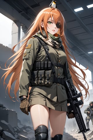 score_9, score_8_up, score_7_up, score_6_up, source_anime, masterpiece, best quality, ultra-detailed, highres, absurdres, 
1girl, solo, cz2128_delta \(overlord\), long hair, green eyes, orange hair, eyepatch, 
military uniform, double breasted jacket, scarf, camouflage, combat gloves, combat boots, camo plate carrier rig, (magazine pouches), (kneepads), 
military base, outdorrs, 
holding assault rifle, penguin on the head, ,Military anime girl