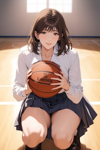 score_9, score_8_up, score_7_up, score_6_up, rating_explicit, masterpiece, best quality, beautiful lighting, haruk0akagi, navy school uniform, skirt, brown hair, pleated skirt, long sleeves, red bow, basketball court, indoor, squatting on court, holding basketball, light smile, lookin at viewer, sunset