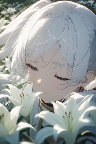 score_9, score_8_up, score_7_up, score_6_up, masterpiece, best quality, highres, absurdres, beautiful lighting, natural light, soft lighting,
1girl, close-up of a Frieren with flowing white hair, (portrait, closeup, anime, white hair, twin tails, serene, field of flowers, lilies)