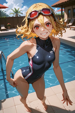 score_9, score_8_up, score_7_up, score_6_up, masterpiece, best quality, ultra-detailed, highres, absurdres, 
1girl, solo, Evileye \(overlord\), blonde hair, hair between eyes, red eyes, small breasts,
swinsuit, navy swim suit, one piece swimsuit, head on underwater goggles, barefoot, 
outdoor swimming pool, 
swimming team, standing in pool, light smile, looking at viewer, female focus, wet skin, wet clothes, 