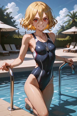 score_9, score_8_up, score_7_up, score_6_up, masterpiece, best quality, ultra-detailed, highres, absurdres, 
1girl, solo, Evileye \(overlord\), blonde hair, hair between eyes, red eyes, small breasts,
swinsuit, navy swim suit, one piece swimsuit, barefoot, whistle, 
Outdoor swimming pool, 
standing poolside, light smile, looking at viewer, female focus, wet skin, wet clothes, 
