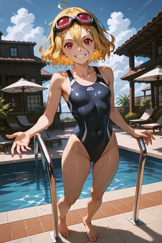 score_9, score_8_up, score_7_up, score_6_up, masterpiece, best quality, ultra-detailed, highres, absurdres, 
1girl, solo, Evileye \(overlord\), blonde hair, hair between eyes, red eyes, small breasts,
swinsuit, navy swim suit, one piece swimsuit, head on underwater goggles, barefoot, 
Outdoor swimming pool, 
standing poolside, light smile, looking at viewer, female focus, hand on goggles, wet skin, wet clothes, 