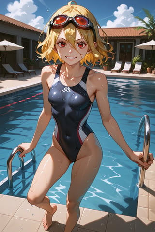 score_9, score_8_up, score_7_up, score_6_up, masterpiece, best quality, ultra-detailed, highres, absurdres, 
1girl, solo, Evileye \(overlord\), blonde hair, hair between eyes, red eyes, small breasts,
swinsuit, navy swim suit, one piece swimsuit, head on underwater goggles, barefoot, 
Outdoor swimming pool, 
standing poolside, light smile, looking at viewer, female focus, hand on goggles, wet skin, wet clothes, 