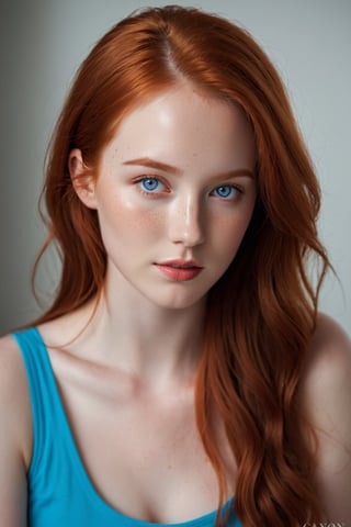 ((Masterpiece), (best quality), (highly detailed)), A young, attractive redhead woman with blue eyes and a few freckles is captured in a mood-filled setting. The photo is taken with a Canon EOS R5 camera using a 50mm lens, set at f/1.4 and ISO 100. The lighting is natural and soft, enhancing the overall atmosphere of the image.