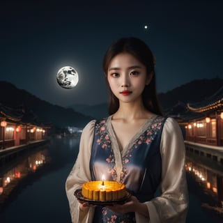 ((masterpiece), (best quality), (highly detailed)), A stunning 8k RAW photo, capturing the beauty of a solo girl on a serene night. The girl, with a lovely delicate face, is dressed in a floral dress, standing against a night background adorned with an oversized white moon. The photo showcases clear shadows and an absurd level of detail, with the girl gently holding a moon cake in her hand. The depth of field adds an enchanting touch to the composition, FilmGirl,FilmGirl