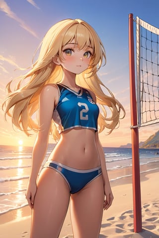 ((Masterpiece), (best quality), (highly detailed)), A cartoon girl with flowing blonde hair stands by the beach near a volleyball net. The scene is rendered in a hyper-realistic style that captures every detail of the breathtaking environment. The sun sets behind her, casting a warm glow over the entire scene. 