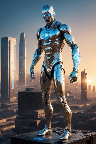 ((Masterpiece), (best quality), (highly detailed)), An evil, futuristic, cybernetic android with glowing blue eyes and a third eye on the forehead. It has a metallic body with neon glow on its limbs and chest. One arm is clenched, while the other arm is stretched out. The android hovers on top of a destroyed city on a silver board with neon glow. This scene is inspired by The Silver Surfer. The artwork will be realistic and ultra-realistic in style, with 12K HD resolution. The cityscape is meticulously rendered, showcasing a post-apocalyptic setting.