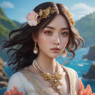 ((masterpiece), (best quality), (highly detailed)), A solo illustration of Miyo, a beautiful and delicate character, with gleaming hair, skin, and clothes. The focus is on her character, captured in a dynamic angle and stylish pose, with strong light coming in and sharp focus. The illustration is rendered in realistic and ultra-detailed 16k resolution, utilizing CGI technology to create a stunning and HD result. Miyo has beautiful and detailed eyes, enhancing her overall appearance. In this artwork, Miyo is depicted in a natural paradise called "The Undersea Garden," where colorful corals and plants create a mesmerizing world. The fish and other animals live in harmonious coexistence. Miyo has wavy hair and is wearing a seashell top, complemented by a pearl necklace. This artwork is an exquisite blend of realism, beauty, and fantasy.