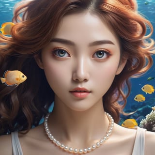 ((masterpiece), (best quality), (highly detailed)), A solo illustration of Miyo, a beautiful and delicate character, with gleaming hair, skin, and clothes. The focus is on her character, captured in a dynamic angle and stylish pose, with strong light coming in and sharp focus. The illustration is rendered in realistic and ultra-detailed 16k resolution, utilizing CGI technology to create a stunning and HD result. Miyo has beautiful and detailed eyes, enhancing her overall appearance. In this artwork, Miyo is depicted in a natural paradise called "The Undersea Garden," where colorful corals and plants create a mesmerizing world. The fish and other animals live in harmonious coexistence. Miyo has wavy hair and is wearing a seashell top, complemented by a pearl necklace. This artwork is an exquisite blend of realism, beauty, and fantasy.