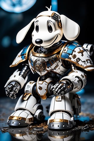 ((masterpiece),  (best quality),  (highly detailed)),  A photograph capturing a whimsical scene in the style of Simon Bisley. In this image,  Snoopy can be seen operating inside a gigantic futuristic high-tech white armor. The composition portrays a fusion of cyberpunk culture with elements of articulated flexing sleekness. Just like Bisley's signature style,  the photograph showcases HD quality and sharp focus to emphasize every intricate detail of Snoopy and the armor.,  mecha,  cyborg style,  cyborg, cyborg style, cyborg, android,