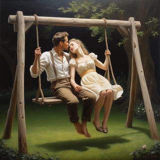 ((Masterpiece), (best quality), (highly detailed)), A hyperrealistic oil painting depicting a charming scene of a man and a woman on a swing. The painting captures the subtle movements and expressions of the subjects, showcasing the talents of the artist. It resembles the style of Pierre Auguste Cot's famous work "Peasant Boy and Girl First Kiss," with intricate attention to detail and a touch of fantasy. The artwork has gained popularity on CG Society and has been admired for its stunning realism. The painting is illuminated with an uplight, enhancing the intricate brushwork and highlighting the captivating colors. 