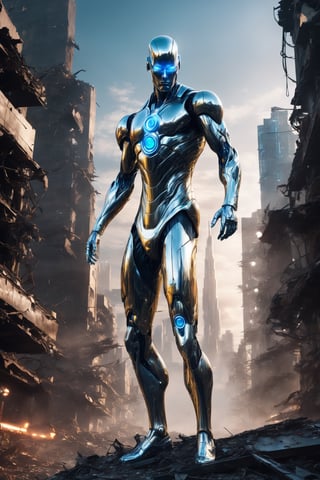 ((Masterpiece), (best quality), (highly detailed)), An evil, futuristic, cybernetic android with glowing blue eyes and a third eye on the forehead. It has a metallic body with neon glow on its limbs and chest. One arm is clenched, while the other arm is stretched out. The android hovers on top of a destroyed city on a silver board with neon glow. This scene is inspired by The Silver Surfer. The artwork will be realistic and ultra-realistic in style, with 12K HD resolution. The cityscape is meticulously rendered, showcasing a post-apocalyptic setting.