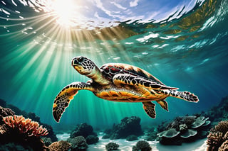 ((masterpiece), (best quality), (highly detailed)), Create a breathtaking ink painting on white paper featuring a mesmerizing scene. Begin with a voluminous and shaded silhouette of a graceful sea turtle as the focal point. Its body should exhibit a magnificent, transparent green hue, seamlessly blending into the surroundings. The surroundings should depict a tropical island, exuding a sense of enchantment and intrigue. The final artwork should embody a fantastic, dark fantasy, cinematic style, reminiscent of a captivating photograph.