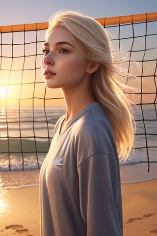 ((Masterpiece), (best quality), (highly detailed)), A cartoon girl with flowing blonde hair stands by the beach near a volleyball net. The scene is rendered in a hyper-realistic style that captures every detail of the breathtaking environment. The sun sets behind her, casting a warm glow over the entire scene. 