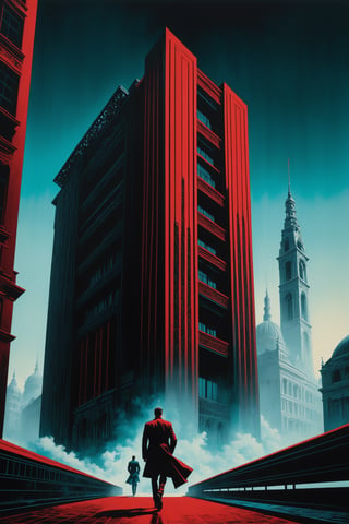 ((masterpiece), (best quality), (highly detailed)), A person with a confident stride walks past a towering building. The scene is rendered in the style of silkscreen, with dark black and red tones creating a striking visual contrast. The person and the building are portrayed with photographically detailed portraitures, capturing every intricate detail. The atmosphere of the scene is enhanced by the use of lithograph technique, with light cyan and black hues adding depth and dimension. The overall aesthetic is reminiscent of manapunk, evoking a sense of futuristic and fantastical elements. This scene would be ideal for a poster, showcasing the elaborate artwork and unique style. 