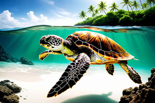 ((masterpiece), (best quality), (highly detailed)), Create a breathtaking ink painting on white paper featuring a mesmerizing scene. Begin with a voluminous and shaded silhouette of a graceful sea turtle as the focal point. Its body should exhibit a magnificent, transparent green hue, seamlessly blending into the surroundings. The surroundings should depict a tropical island, exuding a sense of enchantment and intrigue. The final artwork should embody a fantastic, dark fantasy, cinematic style, reminiscent of a captivating photograph.