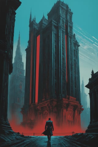 ((masterpiece), (best quality), (highly detailed)), A person with a confident stride walks past a towering building. The scene is rendered in the style of silkscreen, with dark black and red tones creating a striking visual contrast. The person and the building are portrayed with photographically detailed portraitures, capturing every intricate detail. The atmosphere of the scene is enhanced by the use of lithograph technique, with light cyan and black hues adding depth and dimension. The overall aesthetic is reminiscent of manapunk, evoking a sense of futuristic and fantastical elements. This scene would be ideal for a poster, showcasing the elaborate artwork and unique style. 