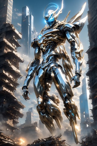 ((Masterpiece), (best quality), (highly detailed)), An evil, futuristic, cybernetic android with glowing blue eyes and a third eye on the forehead. It has a metallic body with neon glow on its limbs and chest. One arm is clenched, while the other arm is stretched out. The android hovers on top of a destroyed city on a silver board with neon glow. This scene is inspired by The Silver Surfer. The artwork will be realistic and ultra-realistic in style, with 12K HD resolution. The cityscape is meticulously rendered, showcasing a post-apocalyptic setting.,mecha,robot