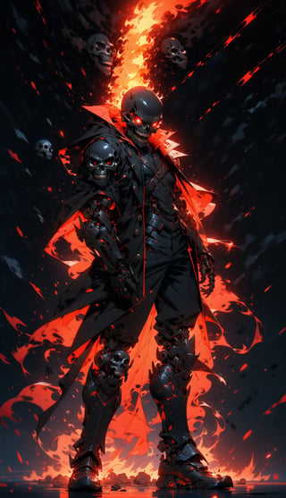 (Masterpiece, best quality, ultra-detailed, best shadow, Unreal Engine 5), (detailed background), one mecha, ((evil cyborg skull head with sharp teeth)), black polo with three buttons, full body armor , black armor, ((red-colored apparel, often in the form of long, two-tailed coats)), black fingerless gloves, black military-style boots, legs armor, fire-around, rocks, ruins, red-eyes, eyes-glowing, fire around him