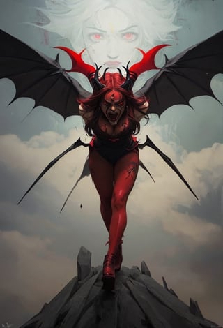 Symbolism: The figure of the devil is a powerful symbol that can be interpreted in a variety of ways.  In your painting, the devil could represent evil, temptation, or destructive power.  He could also be a metaphor for the dark aspects of human nature.

 Emotion: The painting evokes a variety of emotions, from fear and revulsion to fascination and intrigue.  The intensity of the colors and the ferocious expression of the devil contribute to this feeling of emotion.