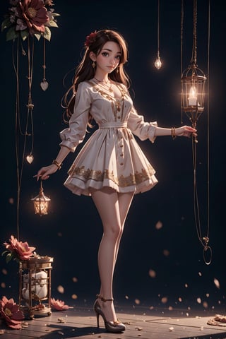 beautiful, good hands, full body, good body, 18 year old girl body, sexy pose, arcane style, clothes with accessories, brown hair, straight hair, fair skin, light eyes, red flower in the girl's hair,1girl,glitter,shiny,Marionette, mechanical heart necklace,Priority platform high heeled shoes in black, oversized mini shirt dress in cream plaid