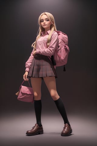 Young girl,18 year old body,semi-long blonde hair, pink school shirt, pink backpack on her back, brown plaid school skirt, black knee-high school socks, full_body,gray background with good lighting,tassel loafers in black polished smooth leather
