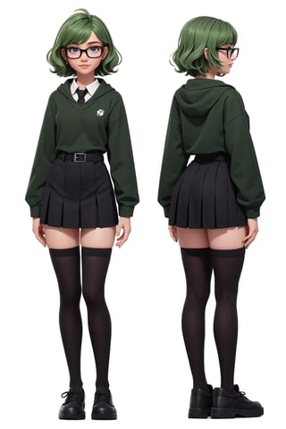 character sheet, beautiful, good hands, full body, good body, 18 year old girl body, sexy pose, full_body,character_sheet, looking to the camera, Short wavy green hair, with black round glasses, ecolar clothes, black school shoes, school Stockings