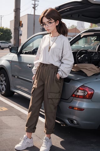 young girl, welder glasses, loose brown pants with pockets,
White shoes,military necklace,Weekend Collective double layer long sleeve t-shirt in charcoal wash,girl fixing a car