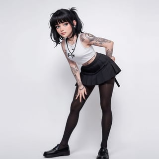 18 year old young girl, shoulder length semi-wavy black hair, full_body, full body, neck_tattoo, tattoo on hands, black earrings in the ears, black nails, nanakusa nazuna, pose sexy, good body, white background with good lighting, blue_eyes, blue eyes, pose_sticking out the middle finger, white_skin, nice hair, tattoos on fingers,moon necklace, school clothes, school_skirt, school_shirt, school_shoes,black school shoes,black school skirt, goodbod,chunky loafer in black, character_design, character_sheet, pantyhose, character sheet