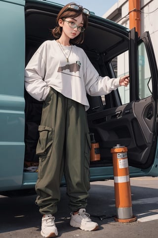 young girl, welder glasses, loose brown pants with pockets,
White shoes,military necklace,Weekend Collective double layer long sleeve t-shirt in charcoal wash,girl fixing a car,SAM YANG,PRO-SAFE Size Universal Green Welding Goggles Black Frame, Over The Glass