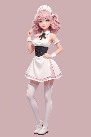 character sheet, beautiful, good hands, full body, good body, 18 year old girl body, sexy pose, full_body,character_sheet, shoulder length fluffy semi wavy hair, pink hair, maid clothes, white stockings, looking to the camera, Simple Sakura,Sakura background, background flowers