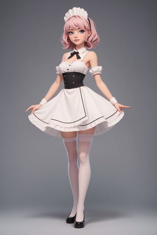 character sheet, beautiful, good hands, full body, good body, 18 year old girl body, sexy pose, full_body,character_sheet, shoulder length fluffy semi wavy hair, pink hair, maid clothes, white stockings, looking to the camera
