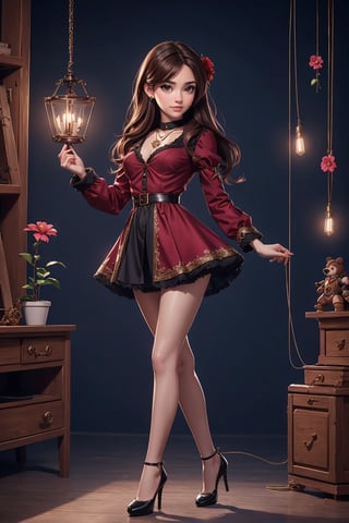 beautiful, good hands, full body, good body, 18 year old girl body, sexy pose, arcane style, clothes with accessories, brown hair, straight hair, fair skin, light eyes, red flower in the girl's hair,1girl,glitter,shiny,Marionette, mechanical heart necklace,textured long sleeve mini dress with button front and collar in burgundy,Priority platform high heeled shoes in black