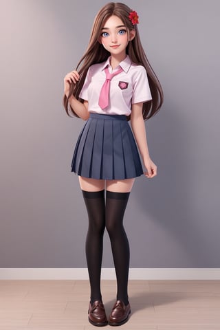  student clothes, beautiful, good hands, full body, good body, 18 year old girl body, school shoes, school skirt, school shirt, black shoes, sexy pose, full_body, school_uniform, shoes_black, with  school_shoes_black, arcane style, clothes with accessories, denier tights in beige, stockings_colorbeige, brown hair, straight hair, fair skin, light eyes, red flower in the girl's hair,1girl,blue eyes,long hair, pink hair
