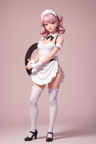 character sheet, beautiful, good hands, full body, good body, 18 year old girl body, sexy pose, full_body,character_sheet, shoulder length fluffy semi wavy hair, pink hair, maid clothes, white stockings, looking to the camera,Simple Sakura