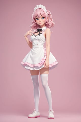 character sheet, beautiful, good hands, full body, good body, 18 year old girl body, sexy pose, full_body,character_sheet, shoulder length fluffy semi wavy hair, pink hair, maid clothes, white stockings, looking to the camera, Simple Sakura,Sakura background, background flowers