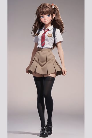 character sheet, student clothes, beautiful, good hands, full body, good body, 18 year old girl body, school shoes, school skirt, school shirt, black shoes, sexy pose, full_body, with small character_sheet, school_uniform, shoes_black, with  school_shoes_black, arcane style, clothes with accessories, denier tights in beige, stockings_colorbeige, brown hair, straight hair, fair skin, light eyes, red flower in the girl's hair,1girl,glitter