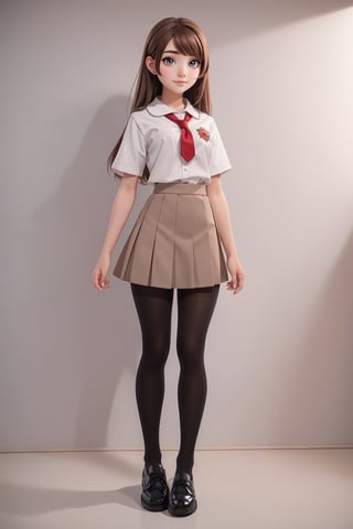 character sheet, student clothes, beautiful, good hands, full body, good body, 18 year old girl body, school shoes, school skirt, school shirt, black shoes, sexy pose, full_body, with small character_sheet, school_uniform, shoes_black, with  school_shoes_black, arcane style, clothes with accessories, denier tights in beige, stockings_colorbeige, brown hair, straight hair, fair skin, light eyes, red flower in the girl's hair,1girl,glitter,shiny