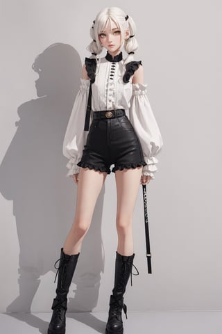 young girl, shoulder length wavy white hair with pigtails, good body, ,black hairpin in hair,Tall skinny jean in black,Wide Fit Anchor chunky lace up boots in black, volume sleeved soft shirt with ruffle cuffs in ivory, croc double circle waist and hip belt