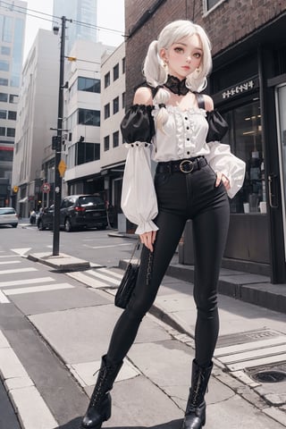 young girl, shoulder length wavy white hair with pigtails, good body, ,black hairpin in hair,Wide Fit Anchor chunky lace up boots in black, volume sleeved soft shirt with ruffle cuffs in ivory, croc double circle waist and hip belt,SAM YANG, Tall skinny jean in black,skinny jeans in black