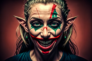one face, abstract, red and green eyes, mouth of laughing joker, elven_ears, long rainbow_hair, female, angry eyes, 
