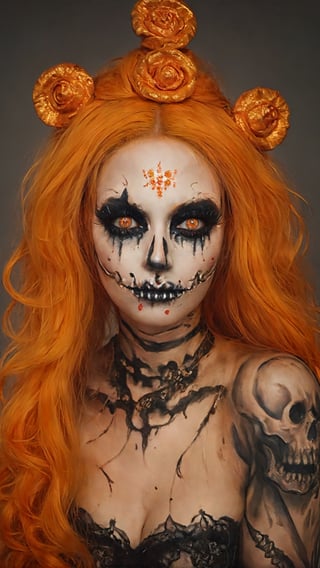 aw0k halloween makeup, (art by Simeon Solomon, art by Gary Baseman:1.2), photograph, angle from below of a Baroque ( a woman in makeup:1.1) with DayGlo orange skin, Engaging hair, Mohawk hairstyle, Cel shading, film grain, Sony A9 II, F/5, detailed eyes and pupils, 
