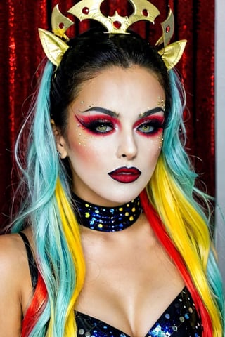(aw0k halloween makeup:1.1)(masterpiece:1.2),Create a beautiful woman wearing a make up Steve Wonders and Freddy Mercury mashup makeup , waering a halloween costume.ready to party.helloween mood.,photo r3al,detailmaster2,oni style,