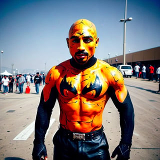 aw0k, (masterpiece:1.2), old picture, full body shot of 1man, ((2pac)), Tupac Shakur, in halloween makeup, halloween style, angry expression, (facial hair:1.2), aw0k dalle