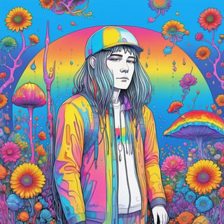 full body, wide shot, drawing of a strange person with long hair and a (((horn))) on his head, dripping neon paint, psychedelic aesthetic, dripping psychedelic colors, dripping color, trippy art, dreamy psychedelic anime , psychedelic and bright, psychedelic art style, bright rainbow face, psychedelic loose hair, neon color bleed, iridescent illustration, in a lisa frank art style, trippy colors, aw0k straight style,drwbk coloring book drawing