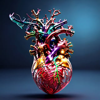 masterpiece, best quality, 3D model of the human heart, scientifically accurate in its anatomical representation, the chambers, valves, and blood vessels in exquisite detail, (reflective:1.25)