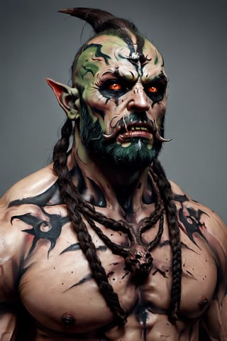 RAW photo, body portrait, (portrait of an man in orc chieftain makeup:1.1) , intimidating, menacing, powerful, low angle, horror, octane render, smooth, sharp focus, symmetrical face, fine details, masterpiece, trending on artstation, 4 k hdr 35 mm photography, art by stanley lau and jason chan and mark hill, centered